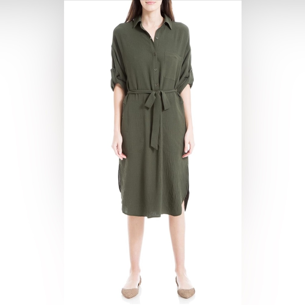 Max Studio Womens Olive Green Button-Down Maxi Dress Long Sleeve Size Large